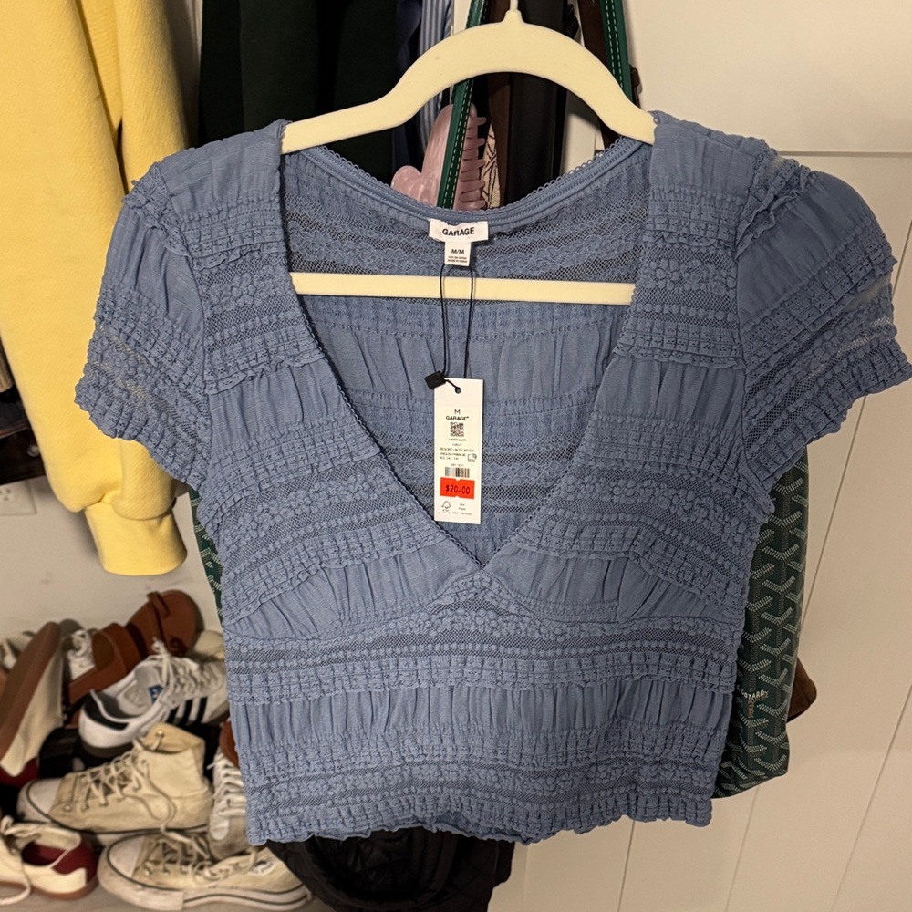 Garage Blue Textured V-Neck Blouse